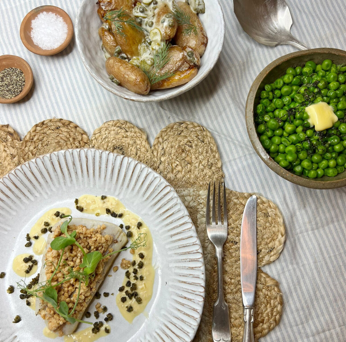 Recipe: Stone bass with crushed potatoes and peas